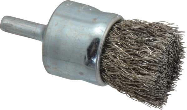 Weiler - 1" Brush Diam, Crimped, End Brush - 1/4" Diam Steel Shank, 22,000 Max RPM - Exact Tool & Supply