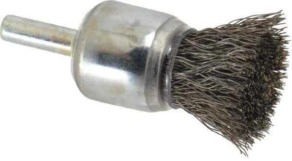 Weiler - 3/4" Brush Diam, Crimped, End Brush - 1/4" Diam Steel Shank, 22,000 Max RPM - Exact Tool & Supply