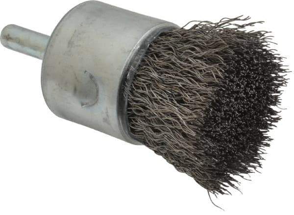 Weiler - 1" Brush Diam, Crimped, End Brush - 1/4" Diam Steel Shank, 22,000 Max RPM - Exact Tool & Supply