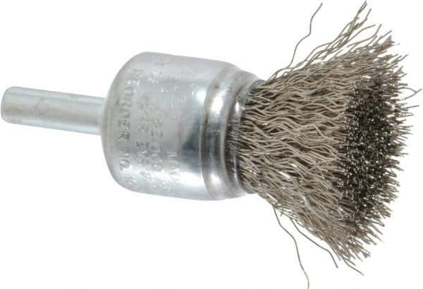 Weiler - 3/4" Brush Diam, Crimped, End Brush - 1/4" Diam Steel Shank, 22,000 Max RPM - Exact Tool & Supply