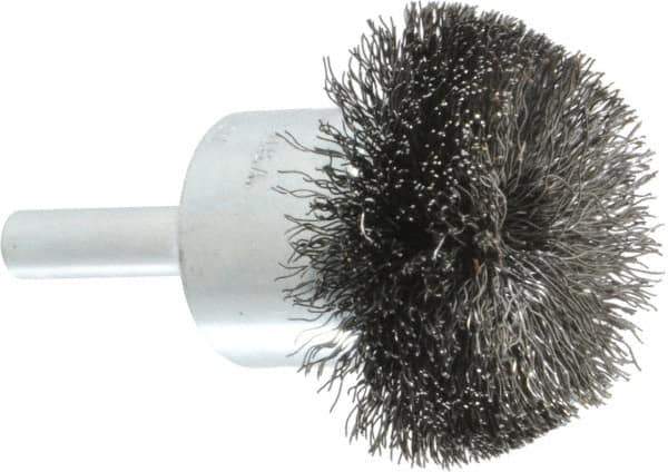 Weiler - 1-1/2" Brush Diam, Crimped, Flared End Brush - 1/4" Diam Shank, 20,000 Max RPM - Exact Tool & Supply