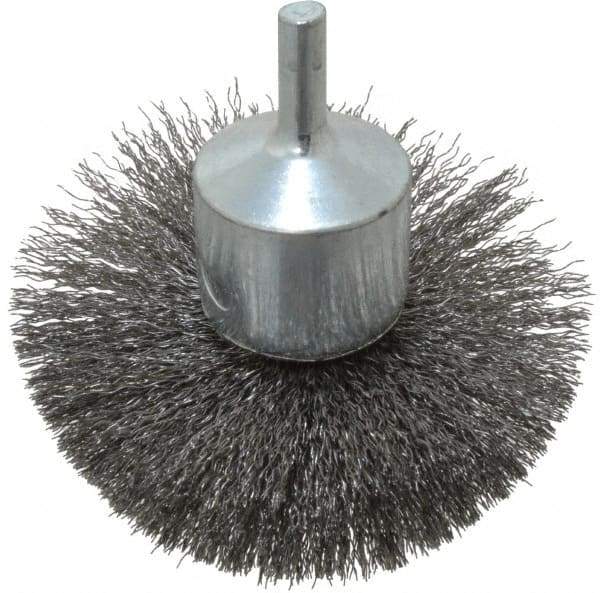 Weiler - 3" Brush Diam, Crimped, Flared End Brush - 1/4" Diam Shank, 16,000 Max RPM - Exact Tool & Supply