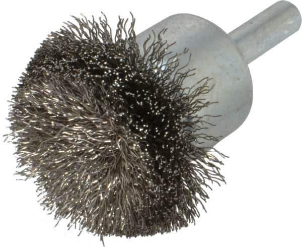 Weiler - 1-1/2" Brush Diam, Crimped, Flared End Brush - 1/4" Diam Shank, 20,000 Max RPM - Exact Tool & Supply