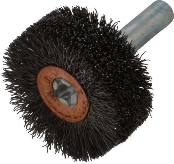 Weiler - 1-1/4" OD, 1/4" Shank Diam, Crimped Steel Wheel Brush - 1/2" Face Width, 3/8" Trim Length, 0.008" Filament Diam, 20,000 RPM - Exact Tool & Supply