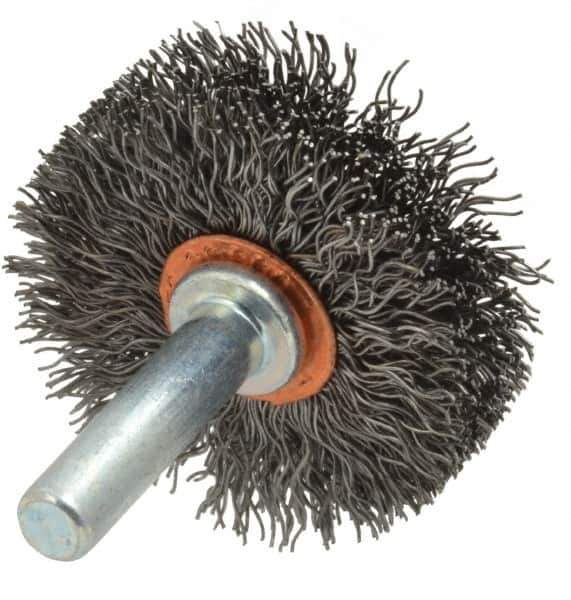 Weiler - 1-1/2" OD, 1/4" Shank Diam, Crimped Steel Wheel Brush - 1/2" Face Width, 1/2" Trim Length, 0.0118" Filament Diam, 20,000 RPM - Exact Tool & Supply