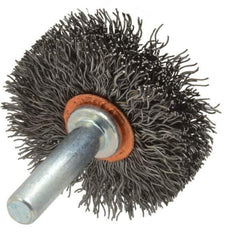 Weiler - 1-1/2" OD, 1/4" Shank Diam, Crimped Steel Wheel Brush - 1/2" Face Width, 1/2" Trim Length, 0.0118" Filament Diam, 20,000 RPM - Exact Tool & Supply