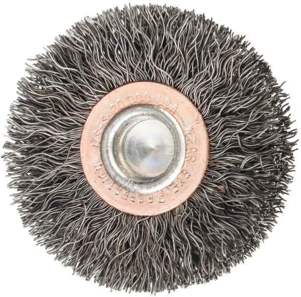 Weiler - 2" OD, 1/4" Shank Diam, Crimped Steel Wheel Brush - 3/8" Face Width, 1/2" Trim Length, 0.0118" Filament Diam, 20,000 RPM - Exact Tool & Supply