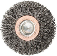 Weiler - 2" OD, 1/4" Shank Diam, Crimped Steel Wheel Brush - 3/8" Face Width, 1/2" Trim Length, 0.0118" Filament Diam, 20,000 RPM - Exact Tool & Supply