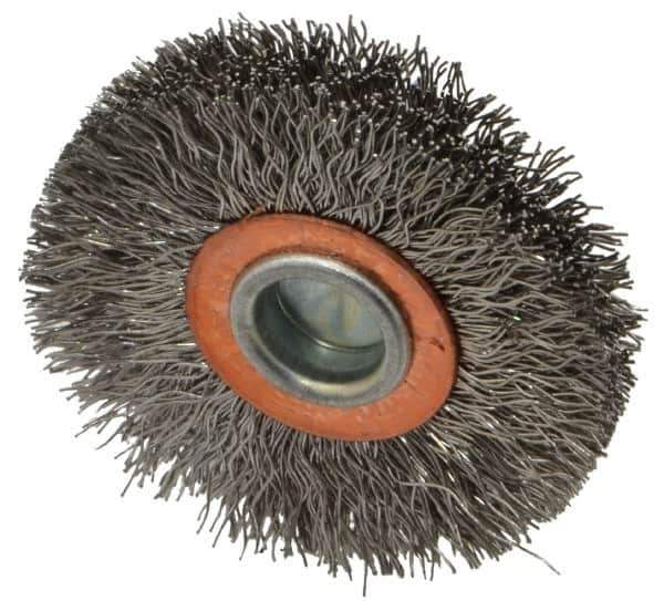 Weiler - 2" OD, 1/4" Shank Diam, Crimped Stainless Steel Wheel Brush - 3/8" Face Width, 1/2" Trim Length, 0.0118" Filament Diam, 20,000 RPM - Exact Tool & Supply