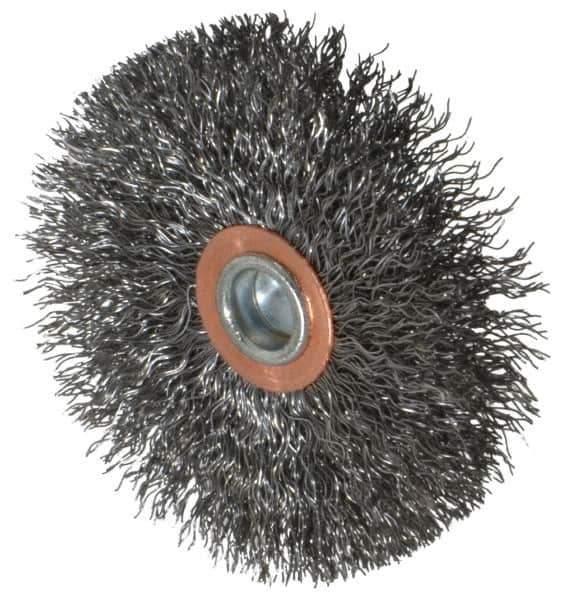 Weiler - 3" OD, 1/4" Shank Diam, Crimped Steel Wheel Brush - 1/2" Face Width, 1" Trim Length, 0.0118" Filament Diam, 20,000 RPM - Exact Tool & Supply