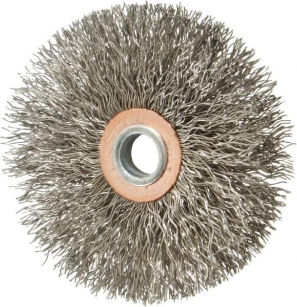 Weiler - 3" OD, 1/4" Shank Diam, Crimped Stainless Steel Wheel Brush - 1/2" Face Width, 1" Trim Length, 0.014" Filament Diam, 20,000 RPM - Exact Tool & Supply