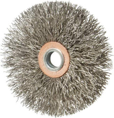 Weiler - 3" OD, 1/4" Shank Diam, Crimped Stainless Steel Wheel Brush - 1/2" Face Width, 1" Trim Length, 0.014" Filament Diam, 20,000 RPM - Exact Tool & Supply