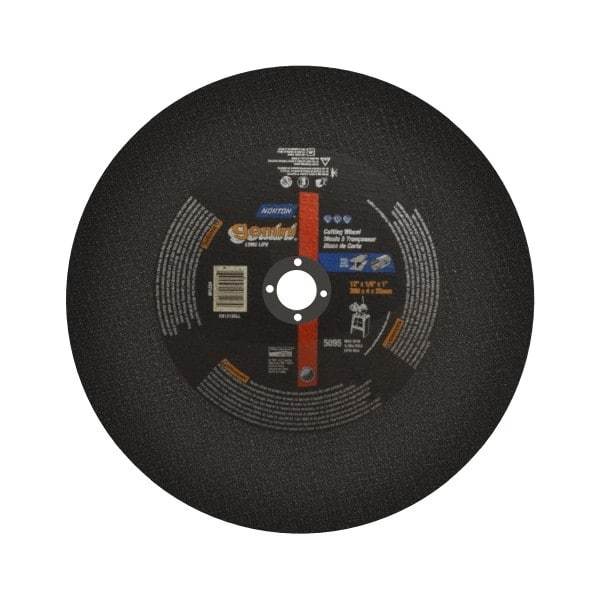 Norton - 12" Aluminum Oxide Cutoff Wheel - 1/8" Thick, 1" Arbor, 5,095 Max RPM, Use with Stationary Tools - Exact Tool & Supply