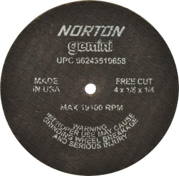 Norton - 4" Aluminum Oxide Cutoff Wheel - 1/8" Thick, 1/4" Arbor, 19,100 Max RPM, Use with Die Grinders - Exact Tool & Supply