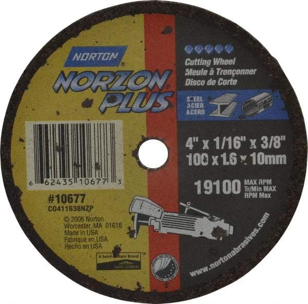 Norton - 4" Ceramic Cutoff Wheel - 1/16" Thick, 3/8" Arbor, 19,100 Max RPM, Use with Die Grinders - Exact Tool & Supply