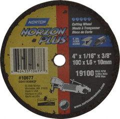 Norton - 4" Ceramic Cutoff Wheel - 1/16" Thick, 3/8" Arbor, 19,100 Max RPM, Use with Die Grinders - Exact Tool & Supply