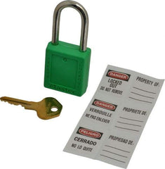 Master Lock - Keyed Alike Conductive Lockout Padlock - 1-1/2" Shackle Clearance, 1/4" Shackle Diam, 1-3/4" Body Height x 1-1/2" Body Width, Green, 6 Pins - Exact Tool & Supply