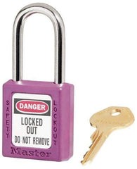 Master Lock - Keyed Alike Conductive Lockout Padlock - 1-1/2" Shackle Clearance, 1/4" Shackle Diam, 1-3/4" Body Height x 1-1/2" Body Width, Purple, 6 Pins - Exact Tool & Supply