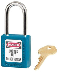 Master Lock - Keyed Alike Conductive Lockout Padlock - 1-1/2" Shackle Clearance, 1/4" Shackle Diam, 1-3/4" Body Height x 1-1/2" Body Width, Teal, 6 Pins - Exact Tool & Supply