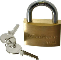 Master Lock - 15/16" Shackle Clearance, Keyed Different Padlock - 9/32" Shackle Diam, Brass - Exact Tool & Supply