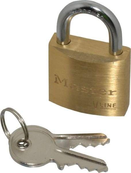 Master Lock - 9/16" Shackle Clearance, Keyed Different Padlock - 3/16" Shackle Diam, Brass - Exact Tool & Supply