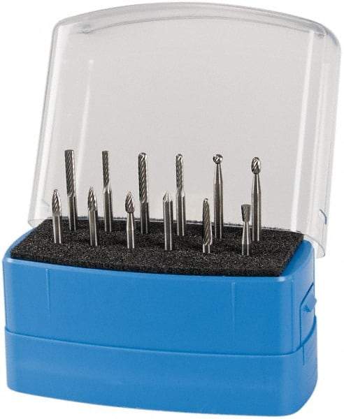 Made in USA - 12 Piece, 1/8" Shank Burr Set - Solid Carbide, Multiple Head Shape - Exact Tool & Supply