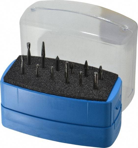 Made in USA - 12 Piece, 1/8" Shank Burr Set - Solid Carbide, Multiple Head Shape - Exact Tool & Supply