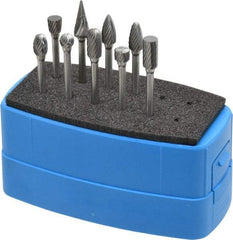 Made in USA - 9 Piece, 1/8" Shank Burr Set - Solid Carbide, Multiple Head Shapes - Exact Tool & Supply