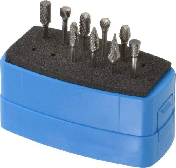 Made in USA - 9 Piece, 1/8" Shank Burr Set - Solid Carbide, Multiple Head Shapes - Exact Tool & Supply