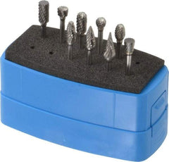 Made in USA - 9 Piece, 1/8" Shank Burr Set - Solid Carbide, Multiple Head Shapes - Exact Tool & Supply