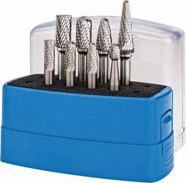 Made in USA - 8 Piece, 1/4" Shank Burr Set - Tungsten Carbide, Multiple Head Shape - Exact Tool & Supply