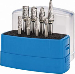 Made in USA - 8 Piece, 1/4" Shank Burr Set - Tungsten Carbide, Multiple Head Shape - Exact Tool & Supply