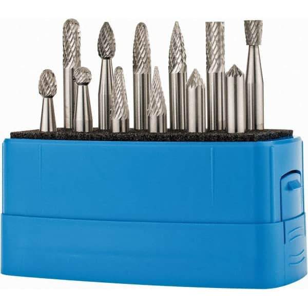 Made in USA - 12 Piece, 1/4" Shank Burr Set - Solid Carbide, Multiple Head Shape - Exact Tool & Supply