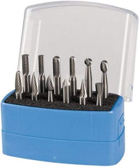 Made in USA - 12 Piece, 1/4" Shank Burr Set - Solid Carbide, Multiple Head Shape - Exact Tool & Supply
