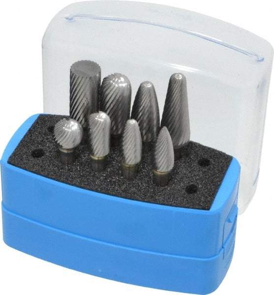 Made in USA - 8 Piece, 1/4" Shank Burr Set - Solid Carbide, Multiple Head Shapes, 14° Included Angle - Exact Tool & Supply