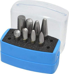 Made in USA - 8 Piece, 1/4" Shank Burr Set - Solid Carbide, Multiple Head Shapes, 14° Included Angle - Exact Tool & Supply