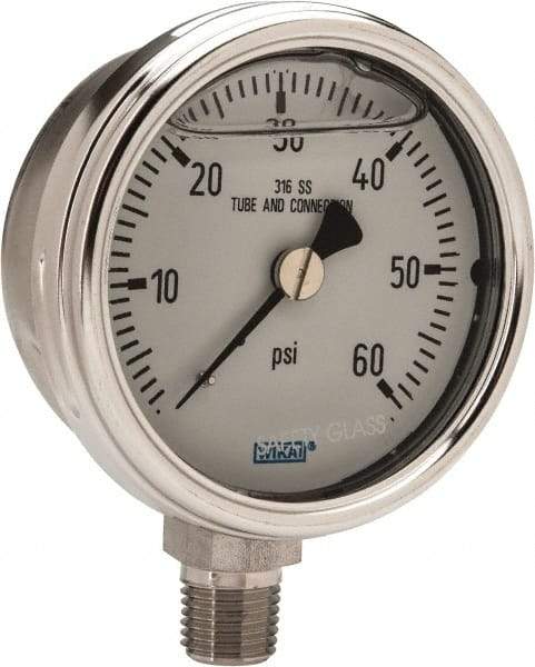 Wika - 2-1/2" Dial, 1/4 Thread, 0-60 Scale Range, Pressure Gauge - Lower Connection Mount, Accurate to 2-1-2% of Scale - Exact Tool & Supply