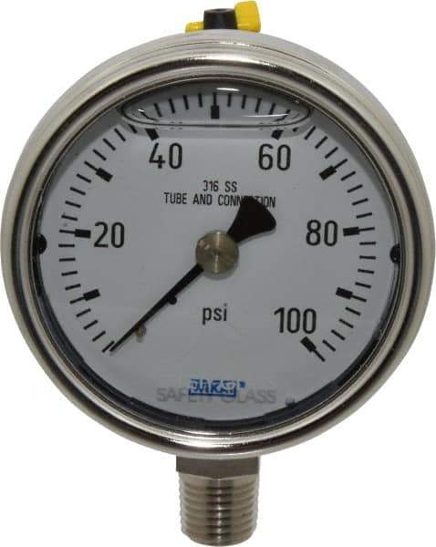 Wika - 2-1/2" Dial, 1/4 Thread, 0-100 Scale Range, Pressure Gauge - Lower Connection Mount, Accurate to 2-1-2% of Scale - Exact Tool & Supply