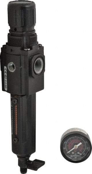 Norgren - 3/8" NPT Port Compact 1 Piece Filter/Regulator FRL Unit - Metal Bowl, 80 SCFM, 250 Max psi, 8.72" High x 1.97" Long, Manual Drain - Exact Tool & Supply