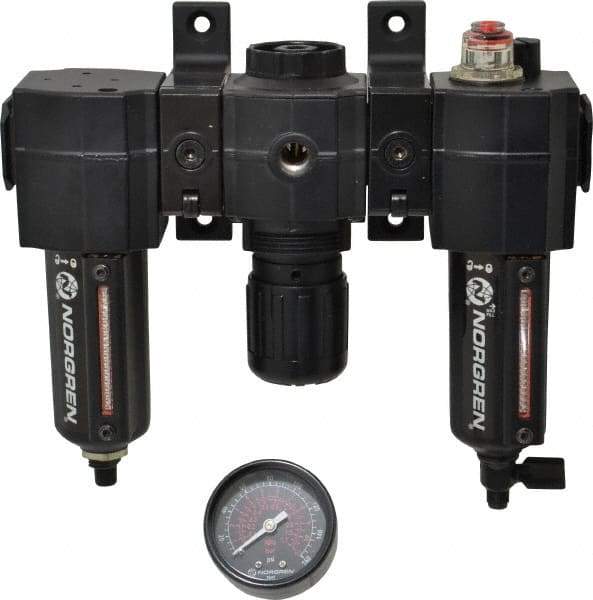 Norgren - 3/8" NPT Port Intermediate 3 Piece Filter-Regulator-Lubricator FRL Unit - Metal Bowl, 75 SCFM, 250 Max psi, 82" High x 9.13" Long, Automatic Drain - Exact Tool & Supply