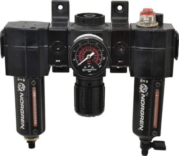 Norgren - 1/2" NPT Port Intermediate 3 Piece Filter-Regulator-Lubricator FRL Unit - Metal Bowl, 80 SCFM, 250 Max psi, 82" High x 9.13" Long, Automatic Drain - Exact Tool & Supply