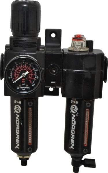 Norgren - 3/8" NPT Port Intermediate 2 Piece Filter/Regulator-Lubricator FRL Unit - Metal Bowl, 60 SCFM, 250 Max psi, 9.95" High x 5.91" Long, Automatic Drain - Exact Tool & Supply