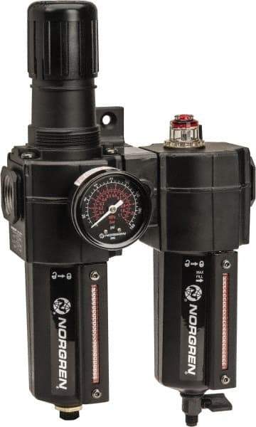Norgren - 3/4" NPT Port Standard 2 Piece Filter/Regulator-Lubricator FRL Unit - Metal Bowl, 138 SCFM, 250 Max psi, 11.93" High x 6.84" Long, Automatic Drain - Exact Tool & Supply