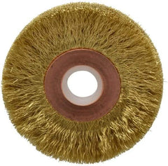 Anderson - 2" OD, 1/2" Arbor Hole, Crimped Brass Wheel Brush - 1/4" Face Width, 1/2" Trim Length, 0.005" Filament Diam, 20,000 RPM - Exact Tool & Supply