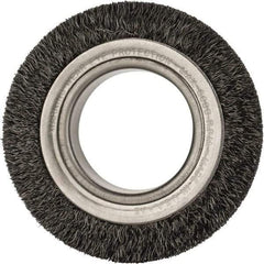 Anderson - 4-1/4" OD, 2" Arbor Hole, Crimped Steel Wheel Brush - 1-1/2" Face Width, 5/8" Trim Length, 0.0118" Filament Diam, 6,000 RPM - Exact Tool & Supply