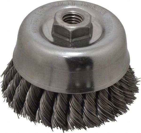 Anderson - 4" Diam, 5/8-11 Threaded Arbor, Steel Fill Cup Brush - 0.02 Wire Diam, 1-1/4" Trim Length, 9,000 Max RPM - Exact Tool & Supply