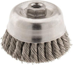 Anderson - 4" Diam, 5/8-11 Threaded Arbor, Stainless Steel Fill Cup Brush - 0.02 Wire Diam, 1-1/4" Trim Length, 9,000 Max RPM - Exact Tool & Supply