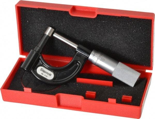 Starrett - 1 Inch Measurement Range, 0.001 Inch Graduation, Post Anvil, Plain Thimble, Mechanical Anvil, Tube Micrometer - 39/64 Inch Head Diameter, Satin Chrome Finish, Carbide, Includes Case - Exact Tool & Supply
