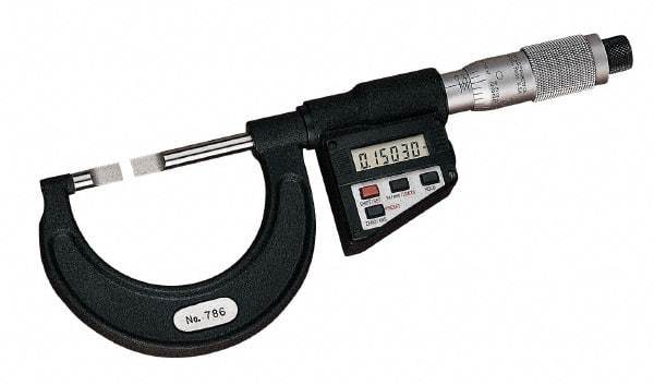 Starrett - 3" to 101mm Electronic Satin Chrome Coated Blade Micrometer - 0.0001" Accuracy, 0.03" Blade Thickness, Friction Thimble - Exact Tool & Supply