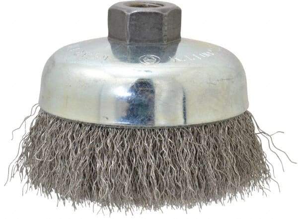 Anderson - 4" Diam, 5/8-11 Threaded Arbor, Stainless Steel Fill Cup Brush - 0.014 Wire Diam, 1-1/4" Trim Length, 9,000 Max RPM - Exact Tool & Supply